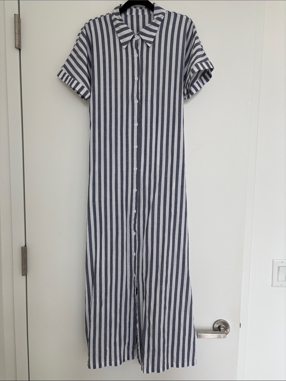 Striped Button-Front Maxi Shirt Dress — Navy & White